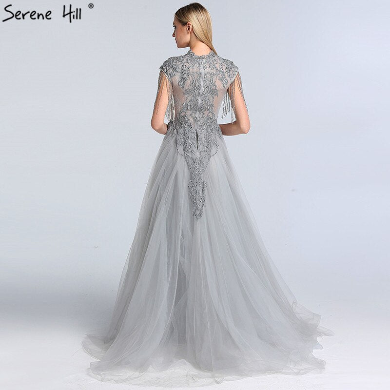 Grey Luxury With Train Evening Dresses Gowns 2025 Cap Sleeves Beading Mermaid For Women Party LA60845