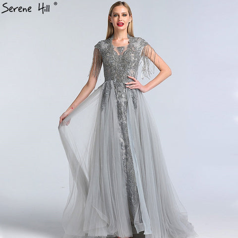Grey Luxury With Train Evening Dresses Gowns 2025 Cap Sleeves Beading Mermaid For Women Party LA60845