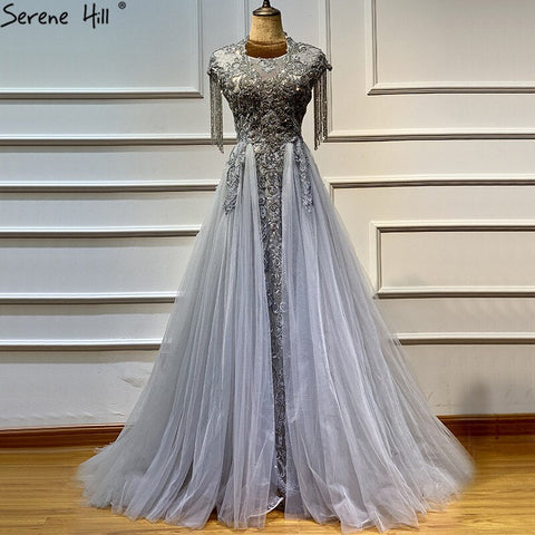 Grey Luxury With Train Evening Dresses Gowns 2025 Cap Sleeves Beading Mermaid For Women Party LA60845