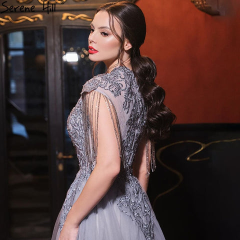 Grey Luxury With Train Evening Dresses Gowns 2025 Cap Sleeves Beading Mermaid For Women Party LA60845