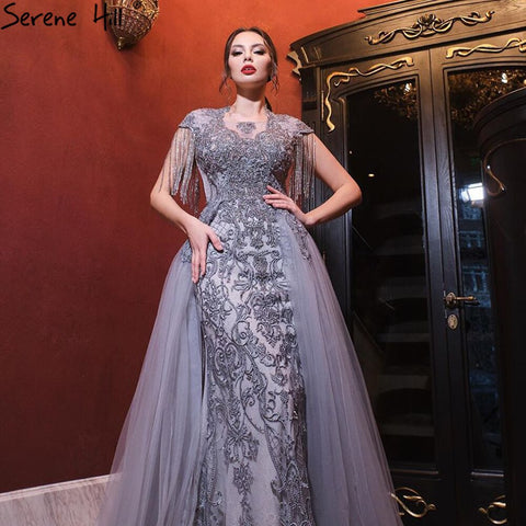 Grey Luxury With Train Evening Dresses Gowns 2025 Cap Sleeves Beading Mermaid For Women Party LA60845