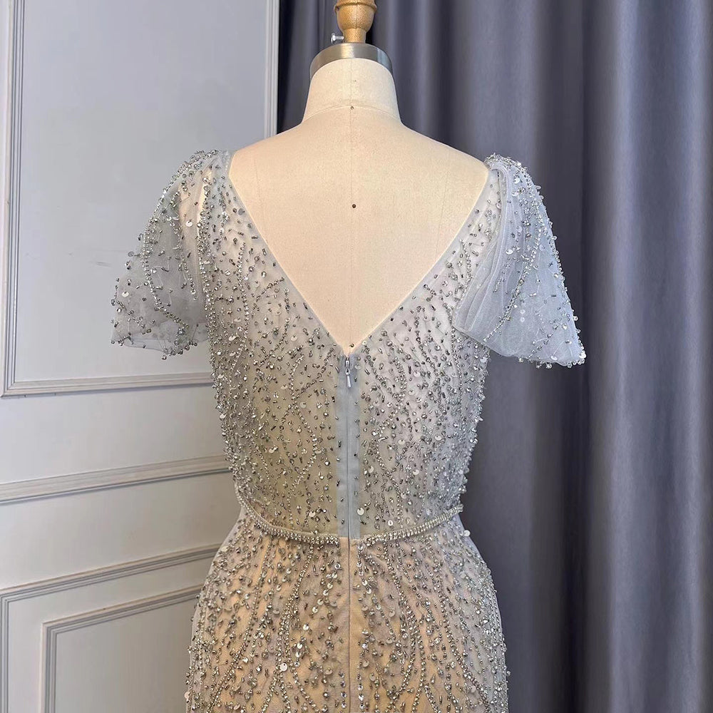 Grey Mermaid Elegant Avond Jurken 2025 Luxe Kralen O-hals Korte Voor Vrouwen Party LA71697