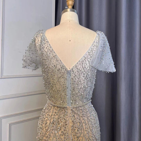 Grey Mermaid Elegant Avond Jurken 2025 Luxe Kralen O-hals Korte Voor Vrouwen Party LA71697