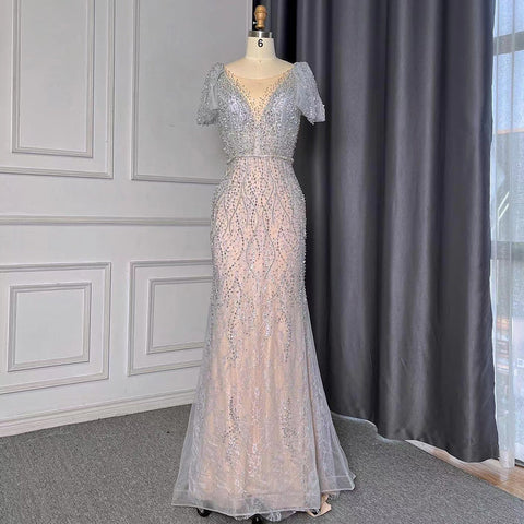 Grey Mermaid Elegant Avond Jurken 2025 Luxe Kralen O-hals Korte Voor Vrouwen Party LA71697