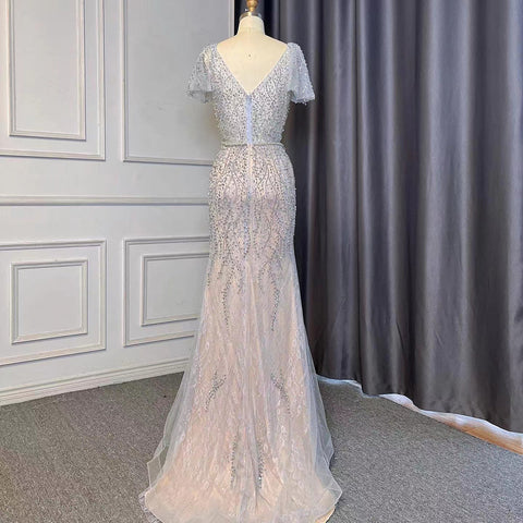 Grey Mermaid Elegant Avond Jurken 2025 Luxe Kralen O-hals Korte Voor Vrouwen Party LA71697