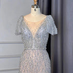Grey Mermaid Elegant Avond Jurken 2025 Luxe Kralen O-hals Korte Voor Vrouwen Party LA71697