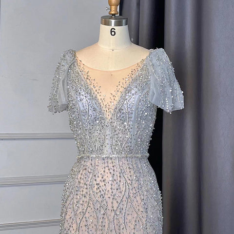 Grey Mermaid Elegant Avond Jurken 2025 Luxe Kralen O-hals Korte Voor Vrouwen Party LA71697