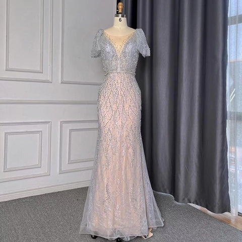 Grey Mermaid Elegant Avond Jurken 2025 Luxe Kralen O-hals Korte Voor Vrouwen Party LA71697