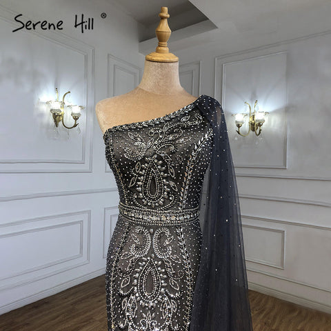 Grey Mermaid Elegant Cape Sleeves Evening Dresses Gowns One Shoulder Luxury Beaded 2025 For Women Party LA71270