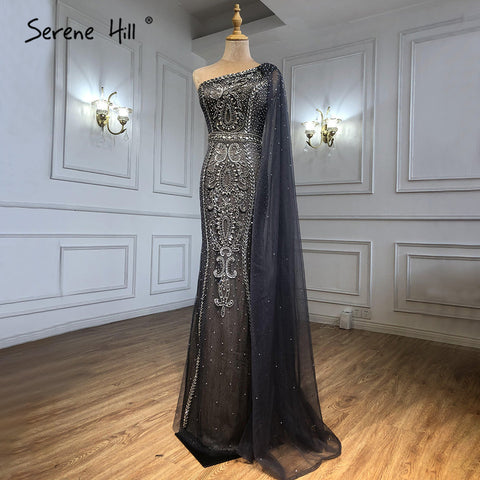 Grey Mermaid Elegant Cape Sleeves Evening Dresses Gowns One Shoulder Luxury Beaded 2025 For Women Party LA71270