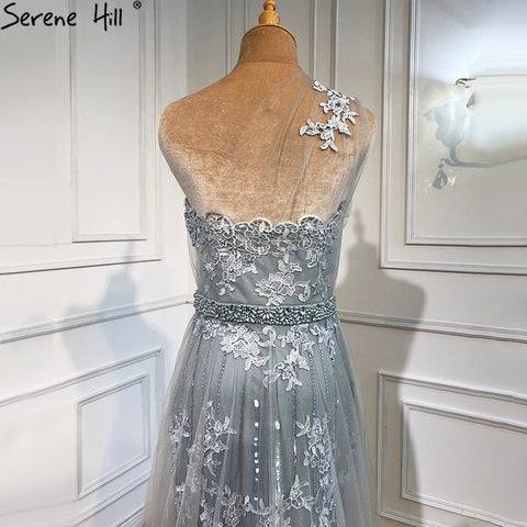 Sale Grey Mermaid Elegant Evening Dresses Gowns 2025 One Shoulder Lace Sexy Pearls For Women Party LA70635