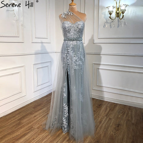Sale Grey Mermaid Elegant Evening Dresses Gowns 2025 One Shoulder Lace Sexy Pearls For Women Party LA70635