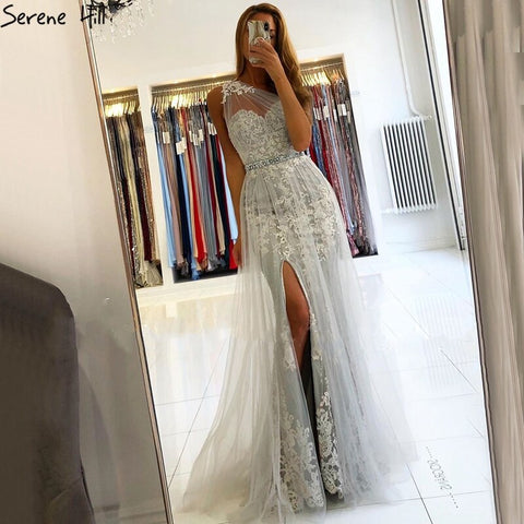 Sale Grey Mermaid Elegant Evening Dresses Gowns 2025 One Shoulder Lace Sexy Pearls For Women Party LA70635