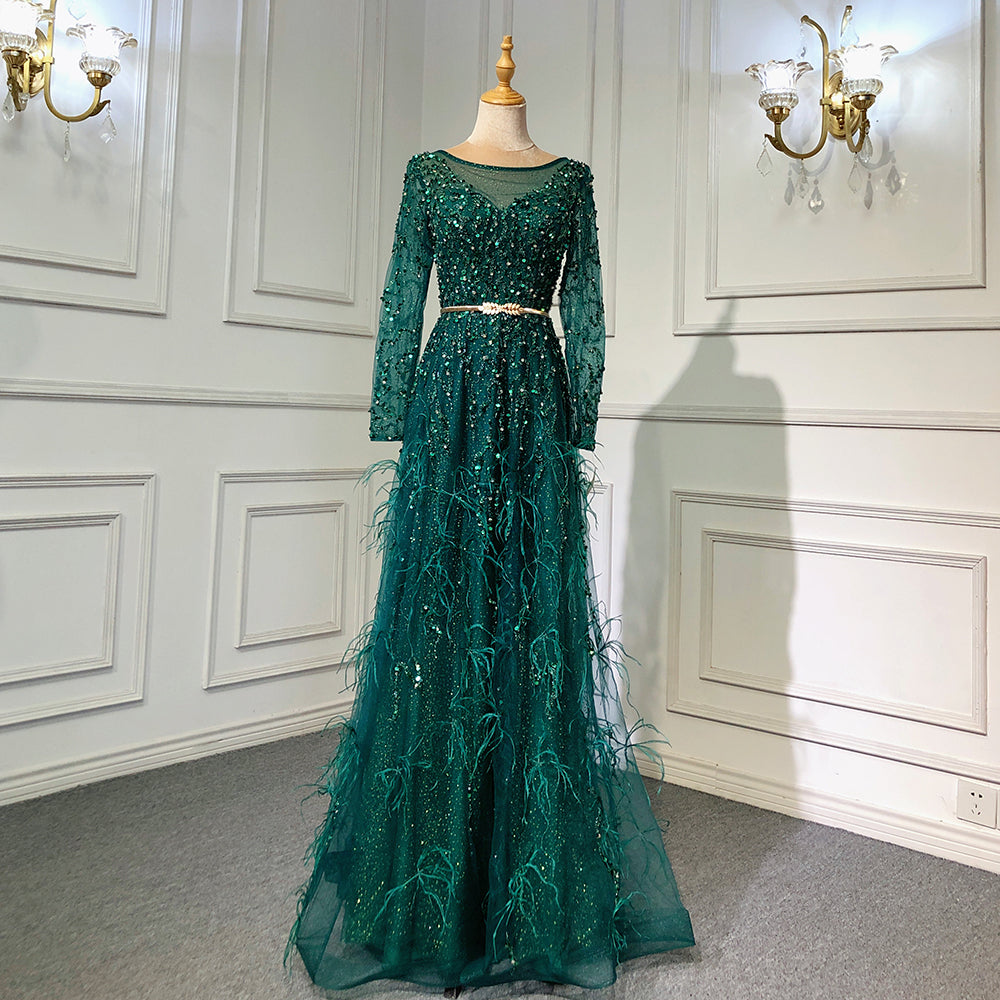 Grey Mermaid Elegant Evening Dresses Gowns 2025 Long Sleeves Luxury Feather Beading For Women Party LA70968