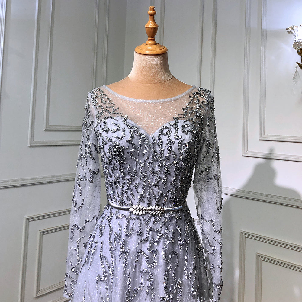 Grey Mermaid Elegant Evening Dresses Gowns 2025 Long Sleeves Luxury Feather Beading For Women Party LA70968