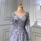 Grey Mermaid Elegant Evening Dresses Gowns 2025 Long Sleeves Luxury Feather Beading For Women Party LA70968