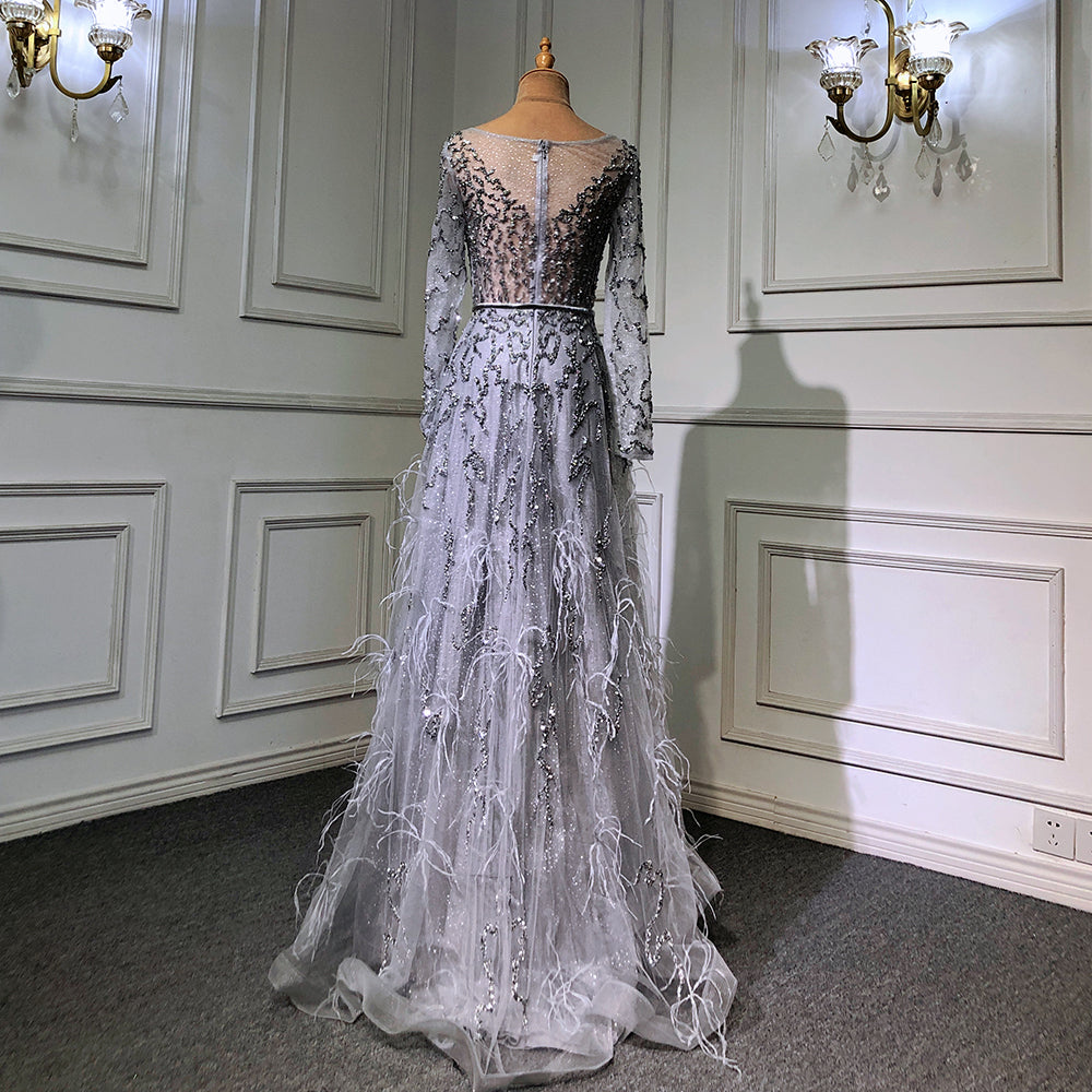 Grey Mermaid Elegant Evening Dresses Gowns 2025 Long Sleeves Luxury Feather Beading For Women Party LA70968