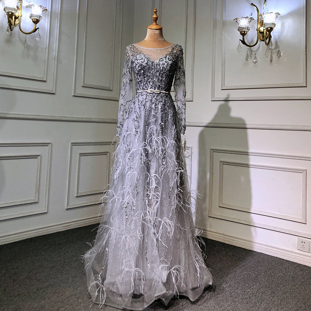 Grey Mermaid Elegant Evening Dresses Gowns 2025 Long Sleeves Luxury Feather Beading For Women Party LA70968