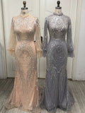 Grey Mermaid Elegant High Neck Evening Dresses Gowns 2025 Full Sleeves Beaded Luxury For Women Party LA71609