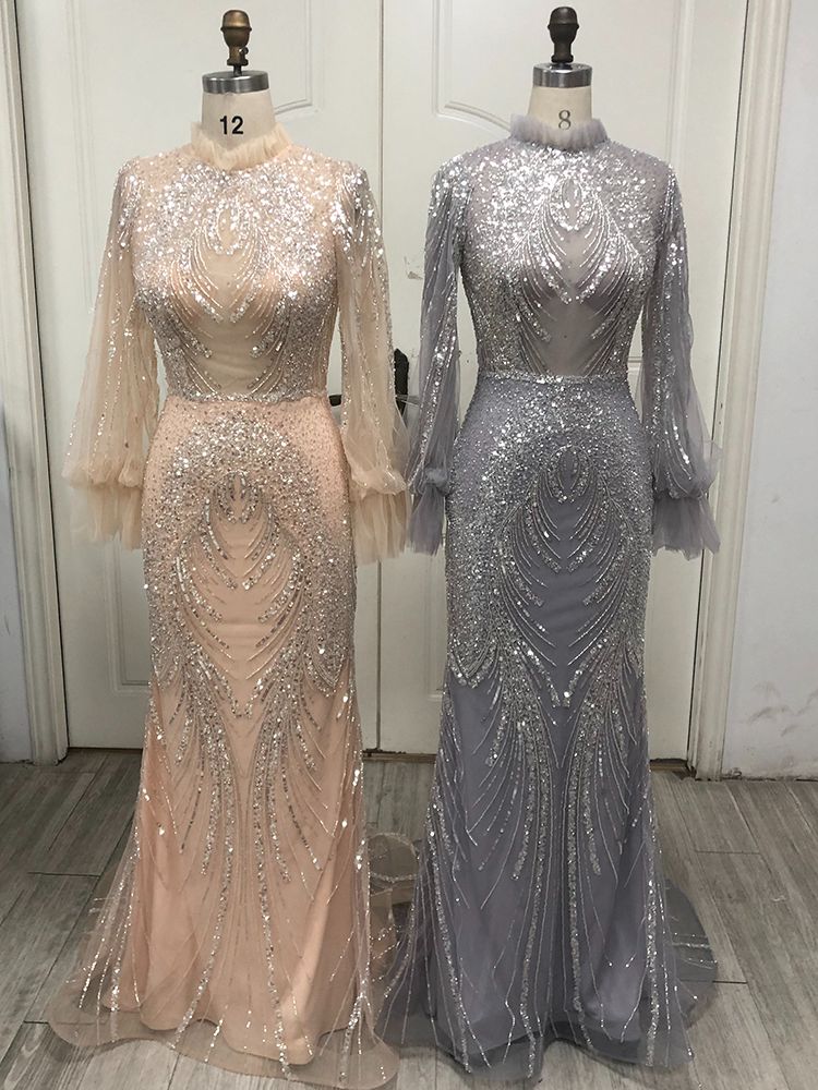 Grey Mermaid Elegant High Neck Evening Dresses Gowns 2025 Full Sleeves Beaded Luxury For Women Party LA71609