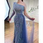 Grey Mermaid Elegant With Skirt One Shoulder Beaded Feathers Evening Dresses Gowns For Women Party 2025 LA71789