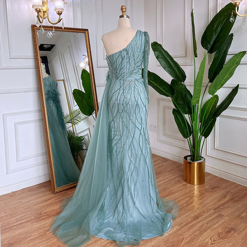 Elegante vestido de noche de sirena gris con falda de un solo hombro y plumas y cuentas para mujer, para fiesta 2025 LA71789