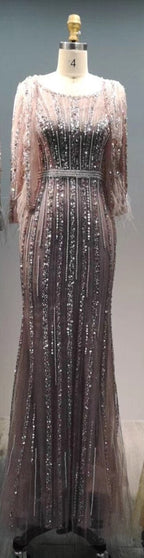 Sale Grey Mermaid Long Sleeves Diamond Beaded Luxury Dubai Evening Dresses Gowns For Women Party 2025 LA70503