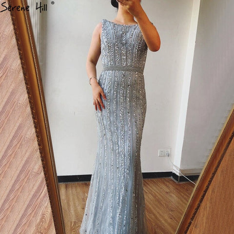 Sale Grey Mermaid Long Sleeves Diamond Beaded Luxury Dubai Evening Dresses Gowns For Women Party 2025 LA70503