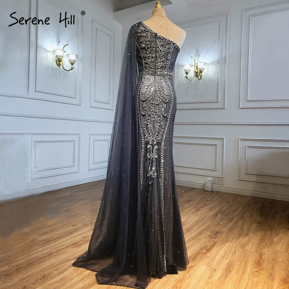 Grey Mermaid Luxury Evening Dresses Gowns 2025 Elegant One Shoulder Beaded For Women Party LA71270