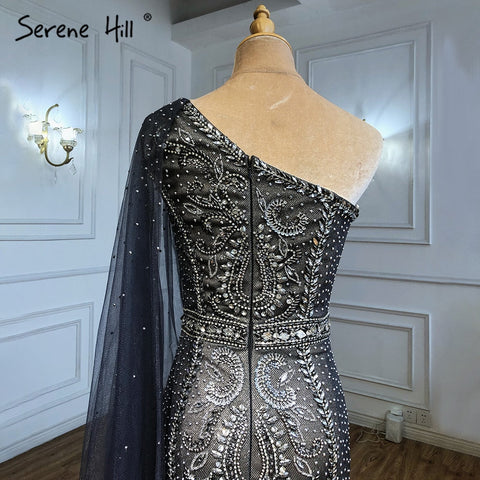 Vestidos de noche de lujo con corte sirena gris, elegantes vestidos de fiesta de un solo hombro con cuentas, LA71270 