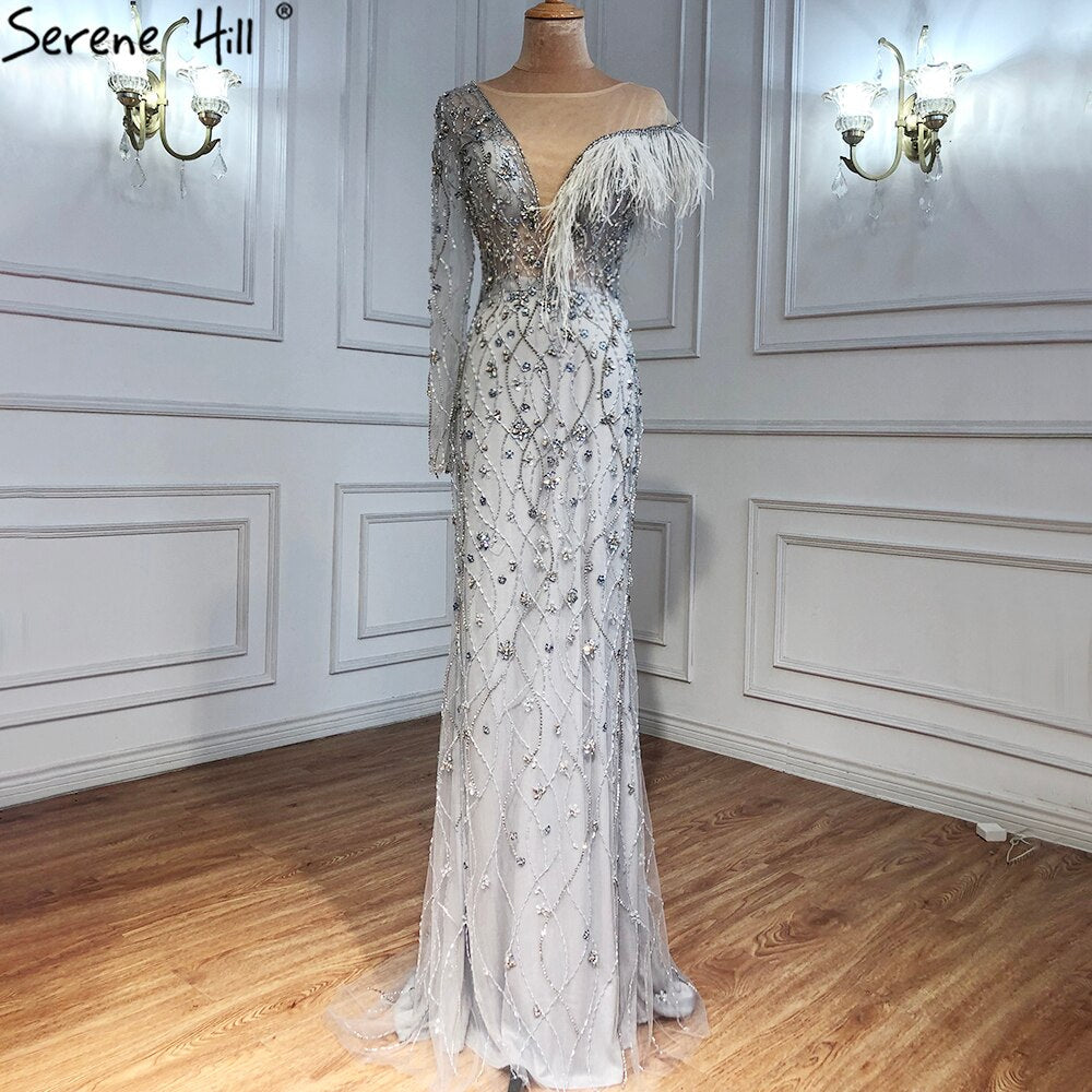 Grey Mermaid Luxury Evening Dresses Gowns 2025 Feather Beaded Elegant For Women Party LA71174