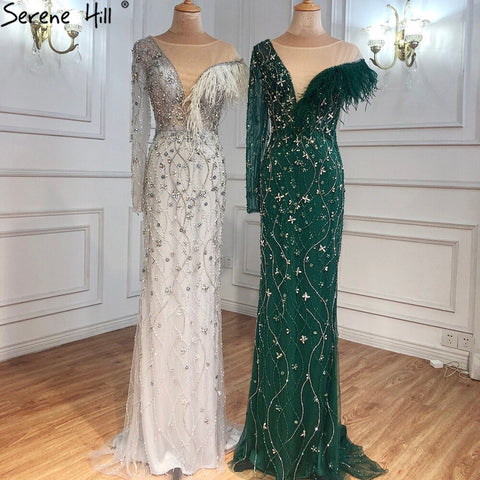 Vestidos de noche de lujo de sirena gris, con plumas y cuentas, elegantes para mujer, para fiesta, LA71174 
