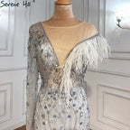 Grey Mermaid Luxury Evening Dresses Gowns 2025 Feather Beaded Elegant For Women Party LA71174