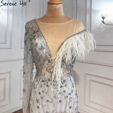 Vestidos de noche de lujo de sirena gris, con plumas y cuentas, elegantes para mujer, para fiesta, LA71174 