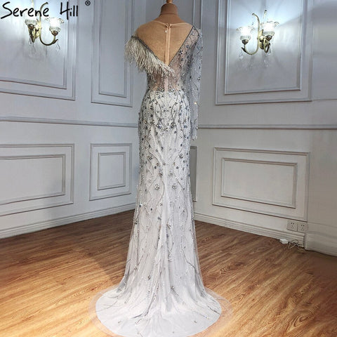 Vestidos de noche de lujo de sirena gris, con plumas y cuentas, elegantes para mujer, para fiesta, LA71174 