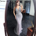 Grey Mermaid Luxury Evening Dresses Gowns Beading Crystal Elegant Sexy For Women Party LA70849