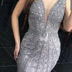 Grey Mermaid Luxury Evening Dresses Gowns Beading Crystal Elegant Sexy For Women Party LA70849