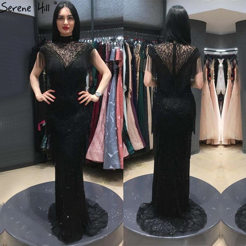 Vestidos de noche de lujo de sirena gris, mangas cortas, cuentas y borlas, sexys para mujer, fiesta 2025 LA70529 