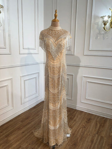 Vestidos de noche de lujo de sirena gris, mangas cortas, cuentas y borlas, sexys para mujer, fiesta 2025 LA70529 