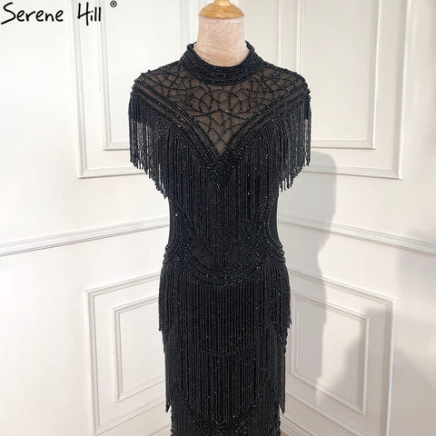 Vestidos de noche de lujo de sirena gris, mangas cortas, cuentas y borlas, sexys para mujer, fiesta 2025 LA70529 