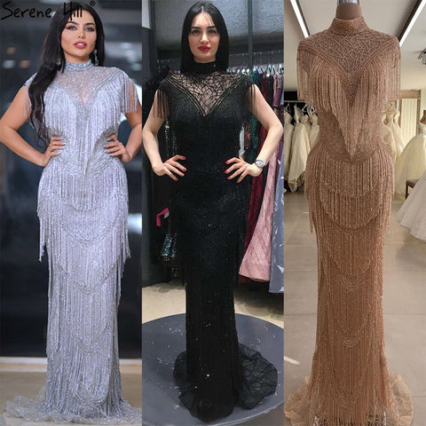 Vestidos de noche de lujo de sirena gris, mangas cortas, cuentas y borlas, sexys para mujer, fiesta 2025 LA70529 