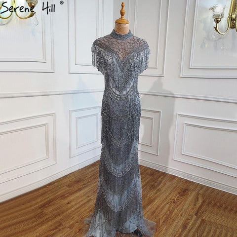 Vestidos de noche de lujo de sirena gris, mangas cortas, cuentas y borlas, sexys para mujer, fiesta 2025 LA70529 