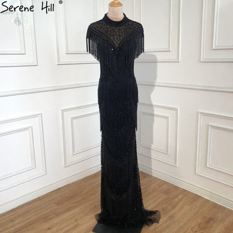 Vestidos de noche de lujo de sirena gris, mangas cortas, cuentas y borlas, sexys para mujer, fiesta 2025 LA70529 