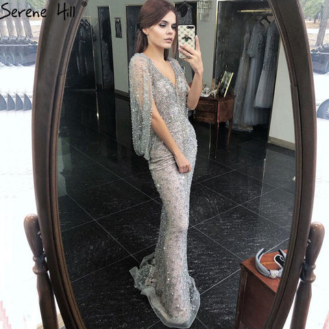 Grey Mermaid Luxury Sparkle Evening Dresses Gowns Elegant Beading Crystal Sexy For Women Party LA70847