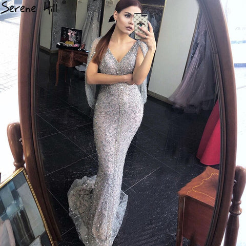 Grey Mermaid Luxury Sparkle Evening Dresses Gowns Elegant Beading Crystal Sexy For Women Party LA70847