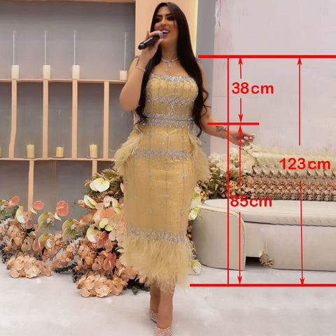 Grey Mermaid Midi Length Evening Dresses Gowns Beaded Sexy Feather Rear Leg Split 2025 For Women Party LA71669