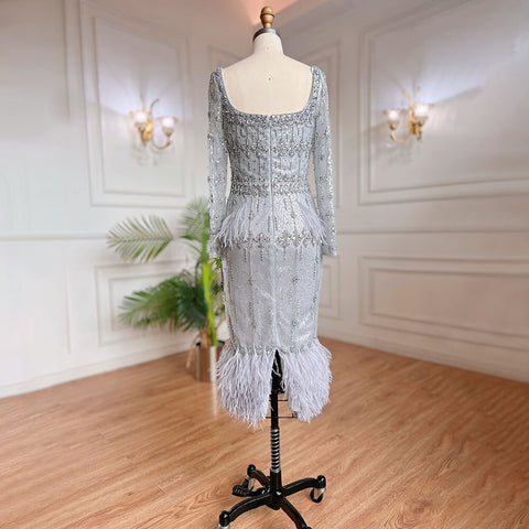 Grey Mermaid Midi Length Evening Dresses Gowns Beaded Sexy Feather Rear Leg Split 2025 For Women Party LA71669