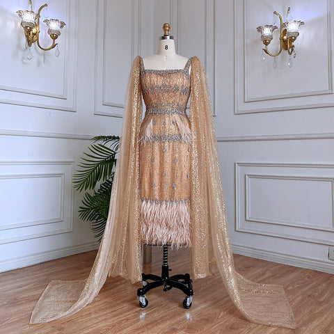 Grey Mermaid Midi Length Evening Dresses Gowns Beaded Sexy Feather Rear Leg Split 2025 For Women Party LA71669