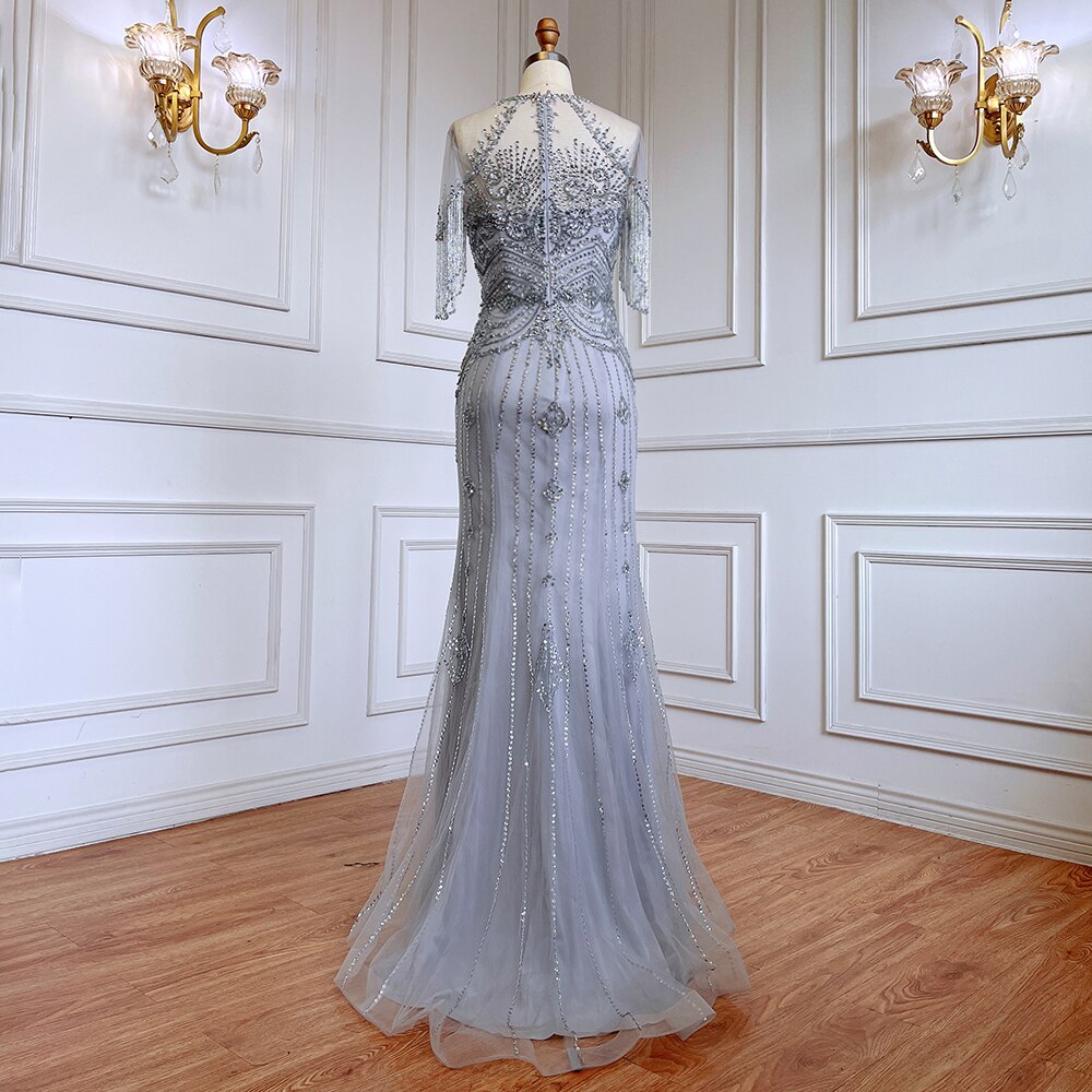 Grey Mermaid O-Neck Short Sleeves Elegant Beaded Luxury Tassel Dubai Evening Dresses Gowns For Women Party 2025 LA70646