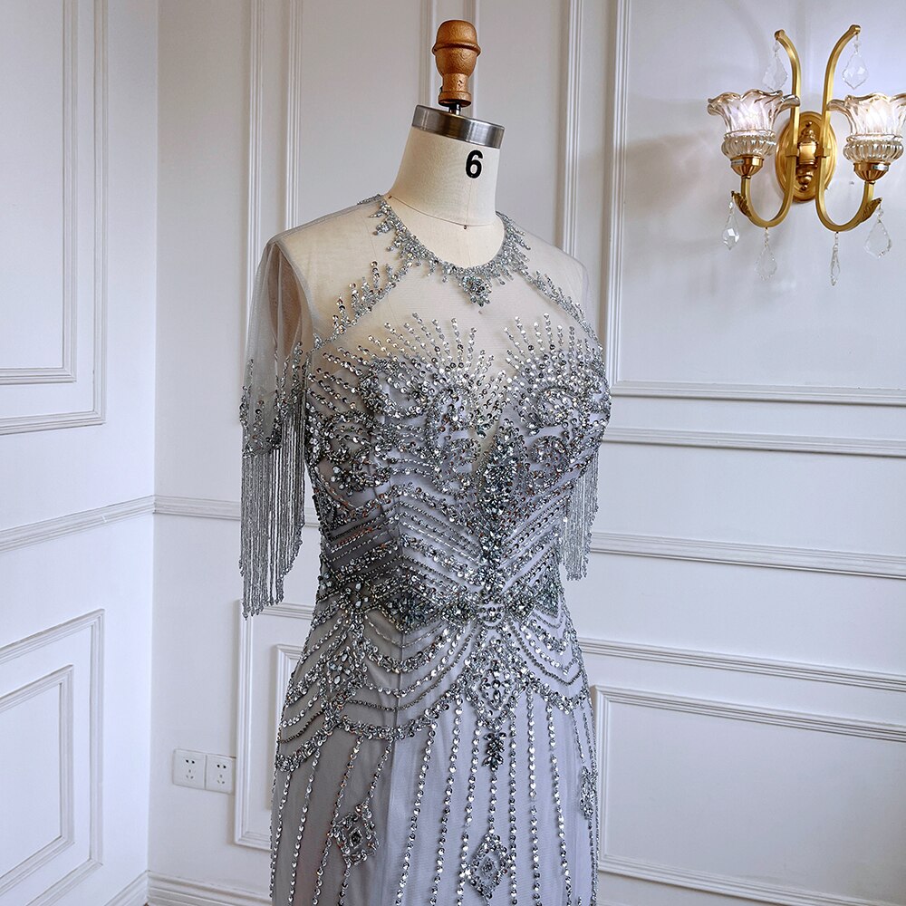 Grey Mermaid O-Neck Short Sleeves Elegant Beaded Luxury Tassel Dubai Evening Dresses Gowns For Women Party 2025 LA70646